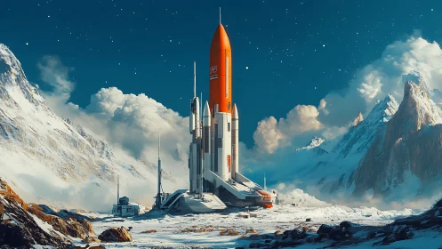 Rocket launchpad amid snowy alien mountains under stars.