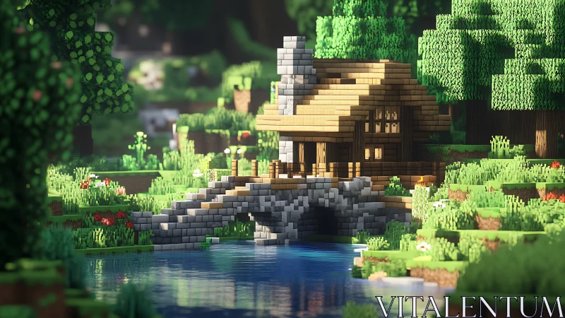 Cozy voxel riverside cabin glows in lush pixelated forest.