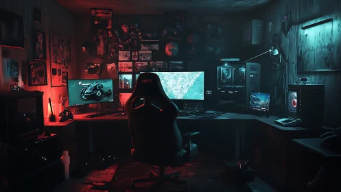 Neon gamer sanctuary aglow in red and cyan command lights.