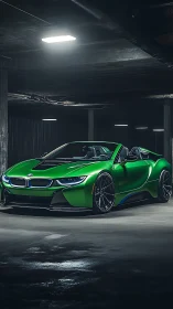 Bold green sports car waits under moody garage lights