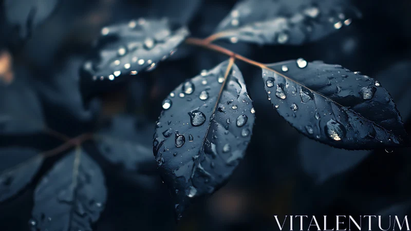 Dark wet leaves in close-up macro after recent rainfall.