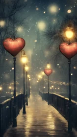Illuminated Hearts on Snowy Bridge at Dusk.