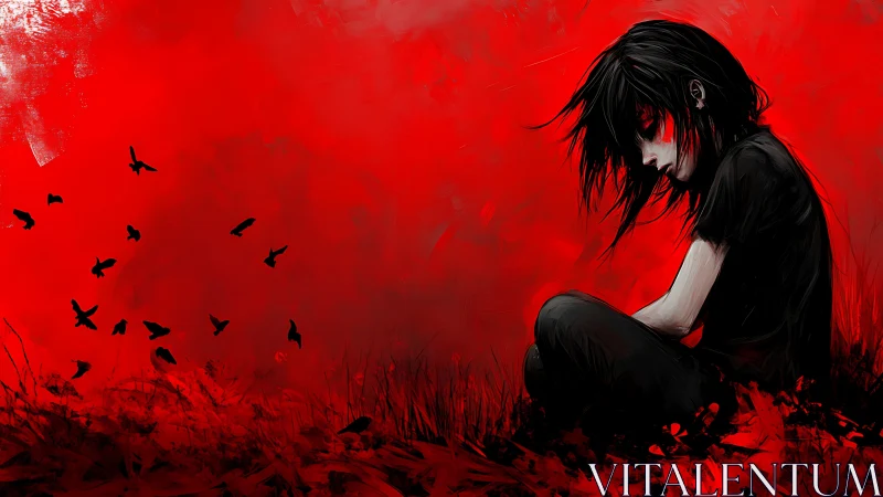 Crimson sky leans close to a lonely figure curled in shadow