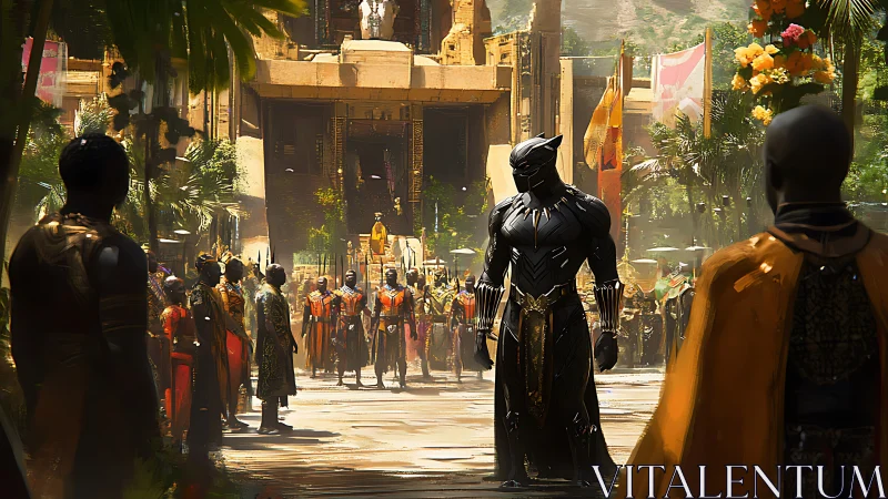 Panther-clad guardian strides through sunlit royal avenue