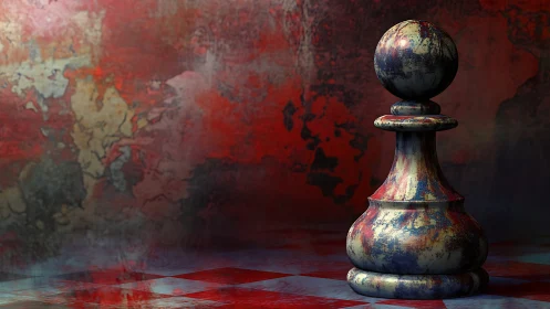 Textured chess pawn on distressed red abstract board surface