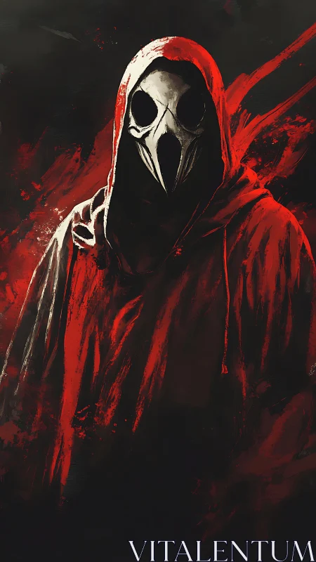Hooded plague doctor silhouette in red abstract shroud.