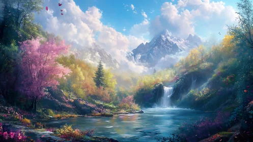 Mountain landscape frames waterfall and reflective river scene