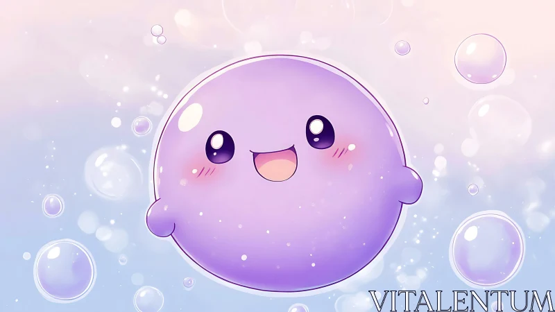 Cute purple bubble character with smiling cartoon face.