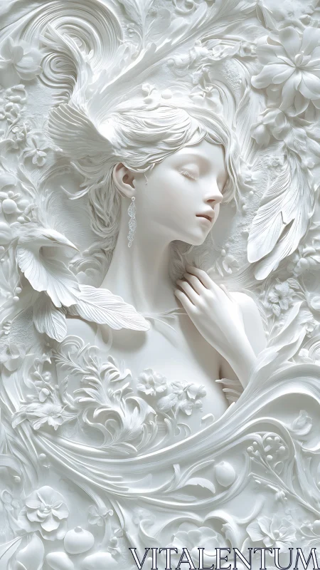 Monochrome bas-relief sylph entwined with baroque flora.
