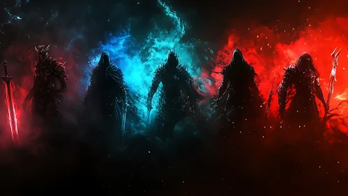 Elemental wraith lords blaze through red and cyan nebulae.