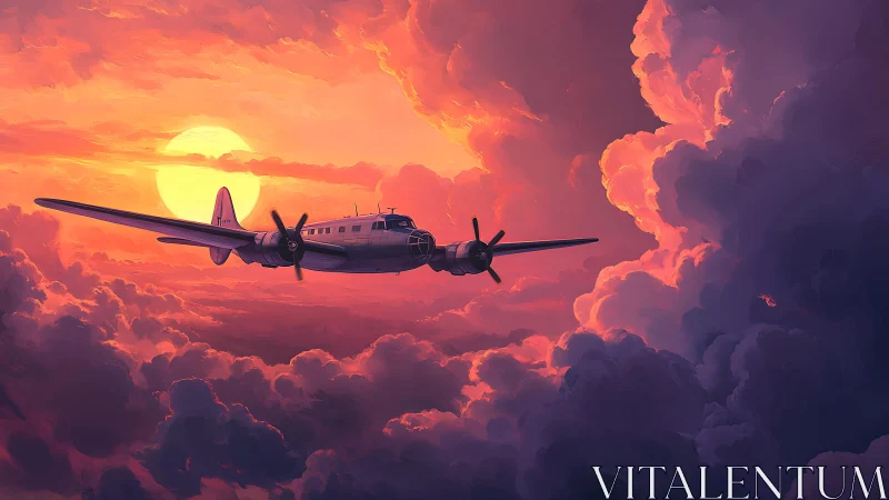 Propeller airliner crosses dense clouds at vivid sunset