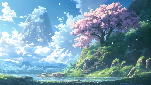 Mountain landscape with cherry tree beside stone stairway.
