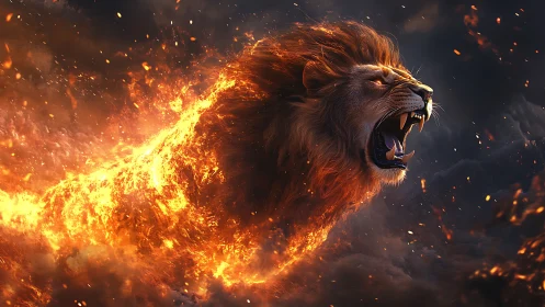Roaring fire lion erupts through storm-darkened smoke and embers