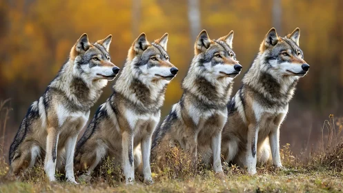Quadruplicate wolf alignment in autumnal shallow-depth field.