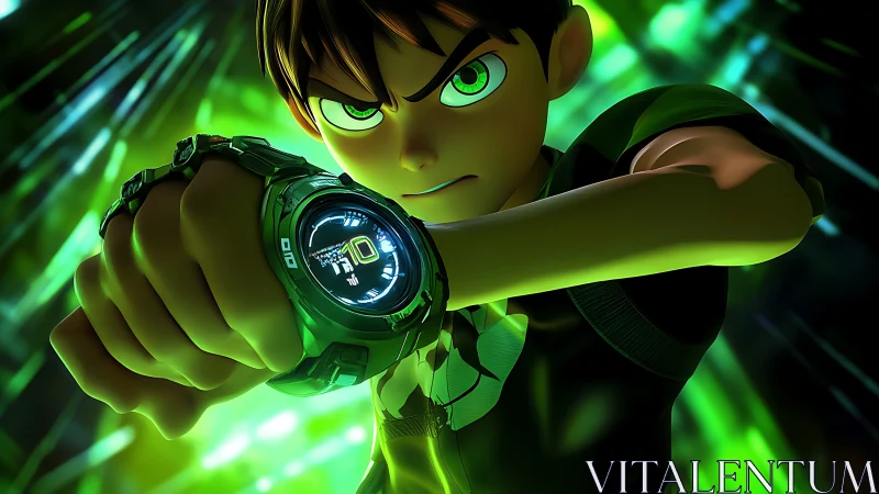 Young hero raises glowing watch in bold green energy.