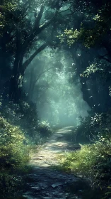 Sunlit Forest Path Through Misty Woods.