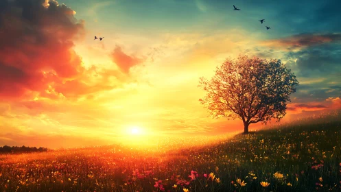 Sunlit meadow daydream with a lone tree and bright sky.