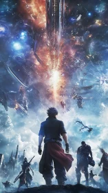 Futuristic warriors observe large energy beam in space city.