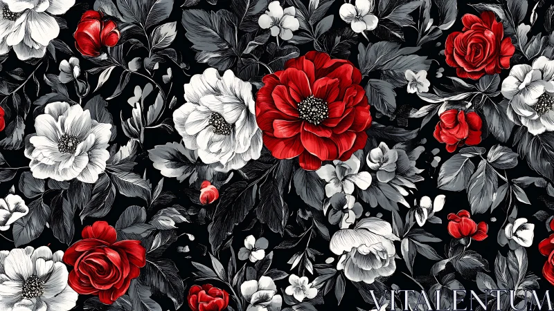 Crimson Blooms Dance Through Monochrome Garden.