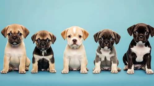 Symmetric row of stylized pug puppies on cyan backdrop.