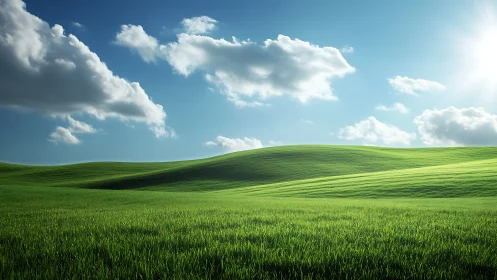 Sunlit grass hills extend under scattered cumulus clouds