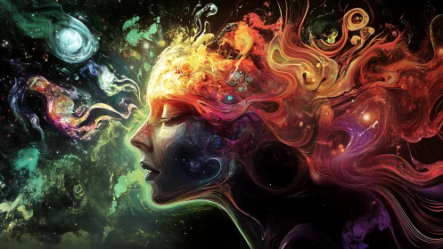 Human profile with swirling cosmic abstract color streams.