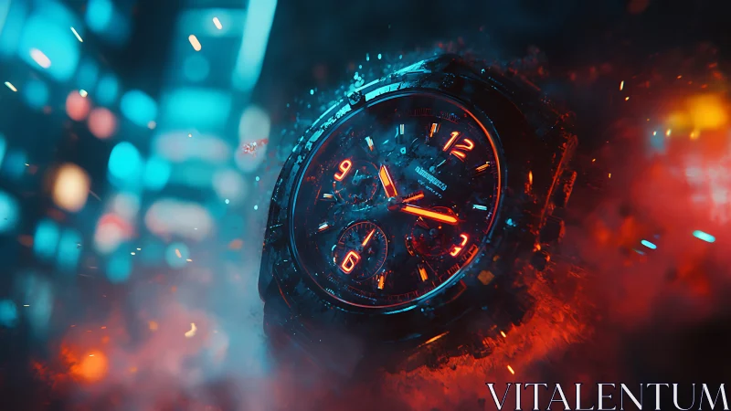Illuminated wristwatch amid abstract bokeh and sparks.