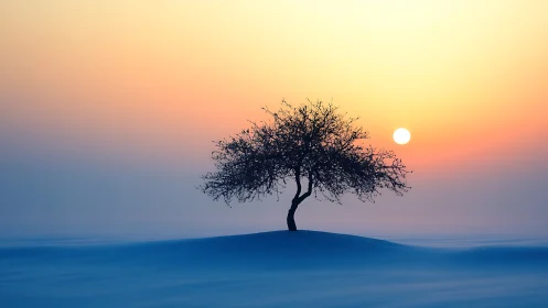 Leafless tree on snow-covered hill at sunrise or sunset.