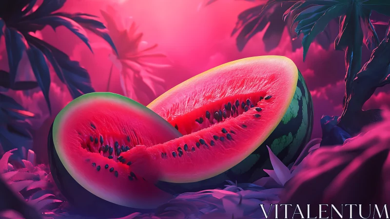 Vivid digital close up of sliced watermelon in neon jungle.