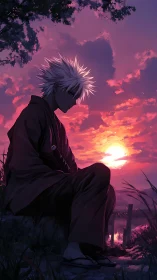Solitary silver-haired samurai in high-saturation sunset field.