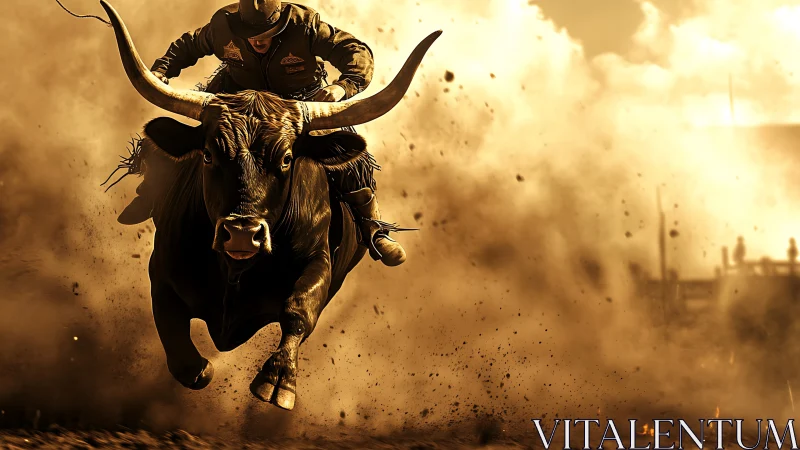 Rider maintains position on charging bull in dusty arena