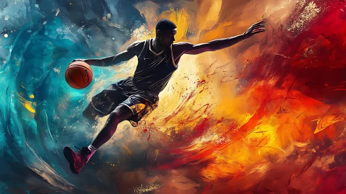 Basketball player drives midair through swirling abstract colors