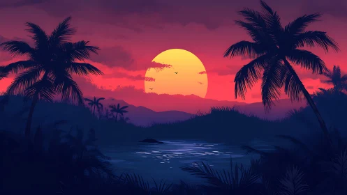 Gentle tropical sunset glowing over calm palm-lined water.