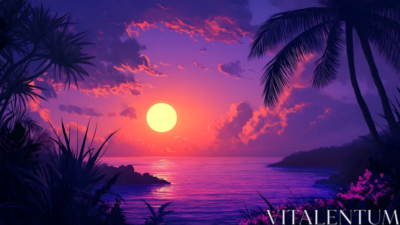 Tropical coastal sunset with silhouetted palms and foliage.