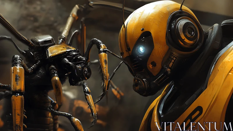 Yellow combat robot confronts spider-like machine form.