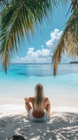 Woman sits under palm shade facing turquoise tropical sea