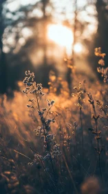 Backlit wild grasses in soft-focus woodland sunset scene.