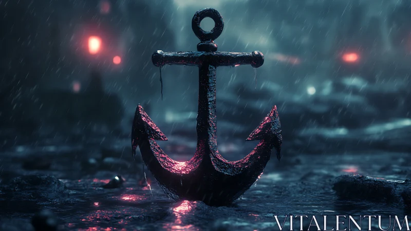 Rusted iron anchor glows pink under cinematic storm rain.