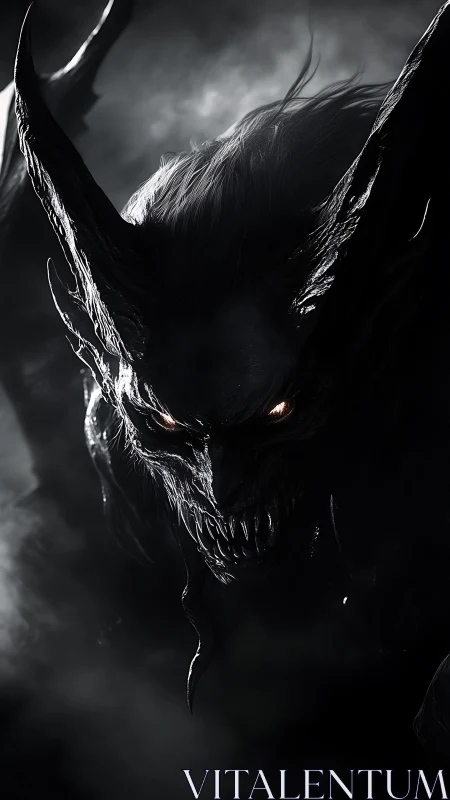 Horned shadow fiend emerging from abyssal midnight fog.