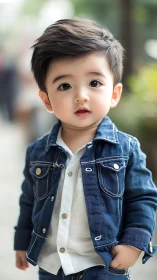 Toddler in denim jacket and white shirt, outdoor setting.