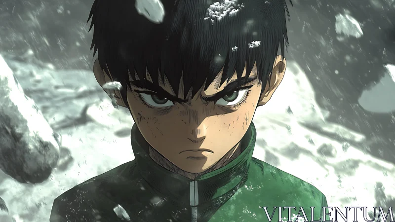 Determined anime hero standing strong in a swirling snowstorm.