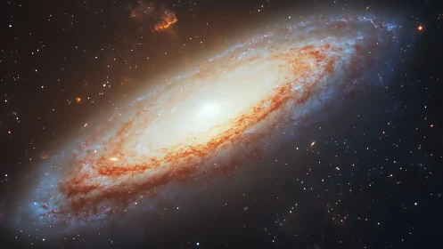 Edge-on spiral galaxy amid star field in deep space scene.