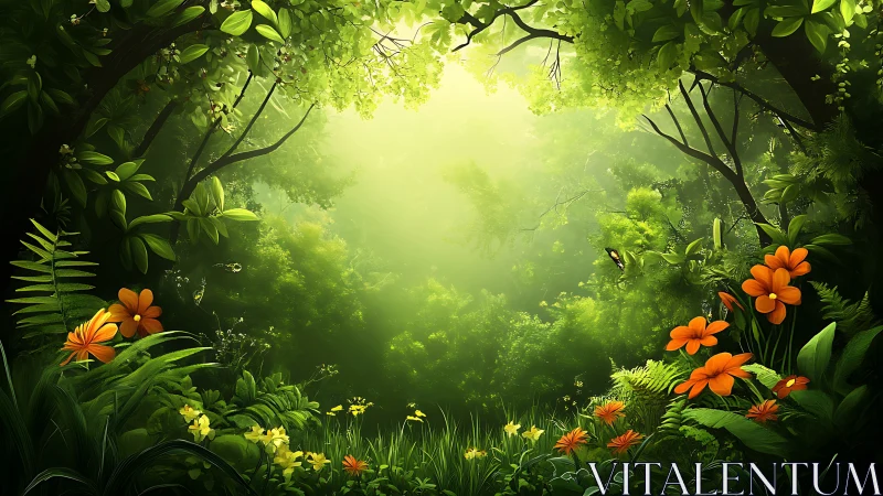 Lush Forest Clearing with Orange Flowers and Morning Light