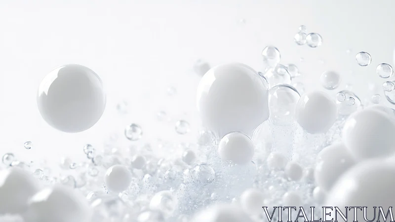 Floating white spheres drift in a luminous minimal space