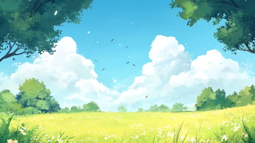 Luminous meadow landscape in bright anime pastoral style.