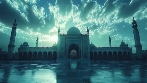 Mosque courtyard reflects moody teal sky at dramatic sunrise