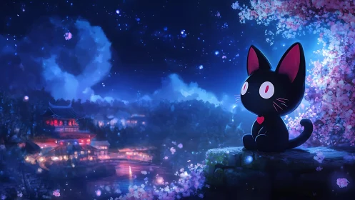 Starry night cat dreaming beneath glowing cherry blossoms.