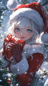Figure in red Santa attire holds wrapped gift outdoors