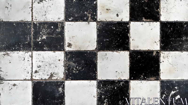 Weathered black and white checkered ceramic tile surface.