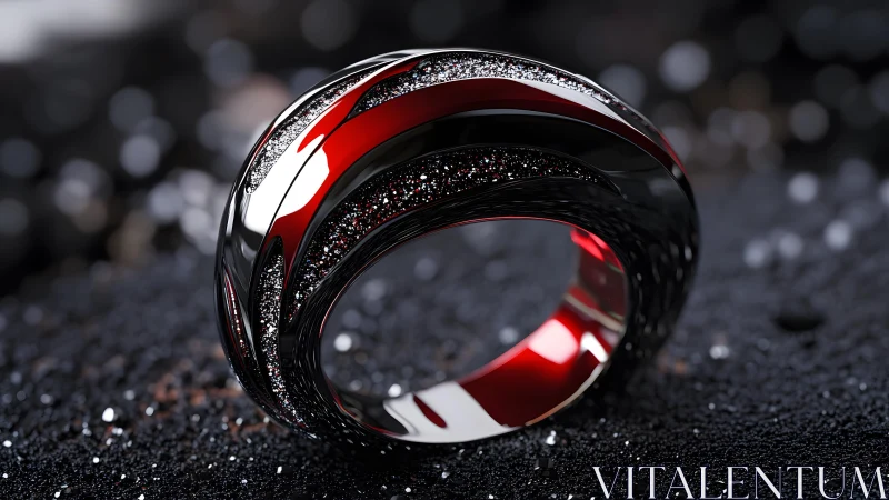 Elegant modern ring with black, red, and silver accents, macro photography. Elegant modern ring with black, red, and silver accents, macro photography.